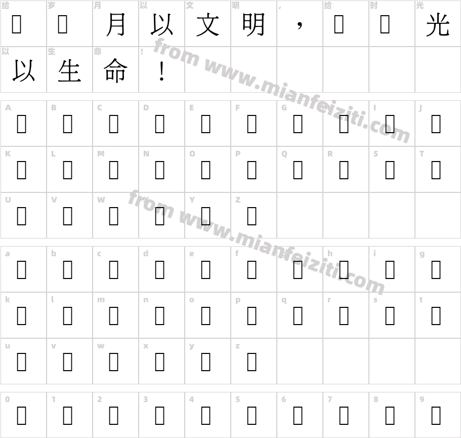 cwTeXMing字体字体映射图