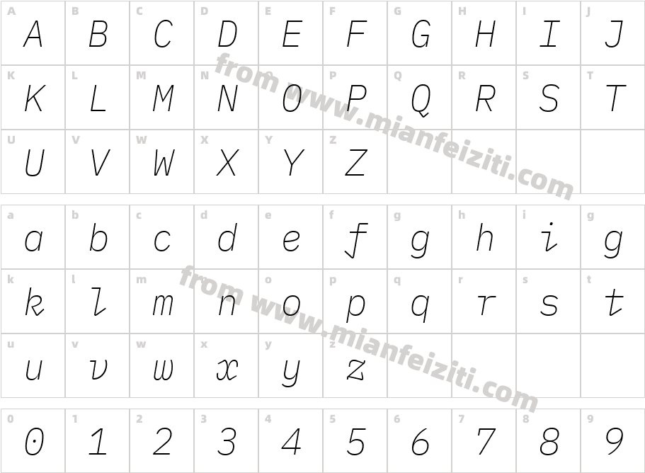 IBMPlexMono-ExtraLightItalic字体字体映射图