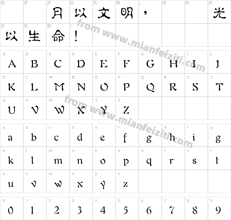 中國龍淡古体字体字体映射图