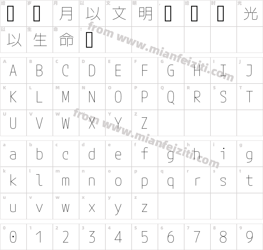 M PLUS 1 Code Thin字体字体映射图