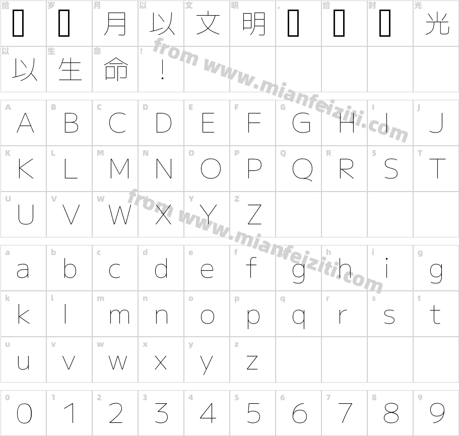 M PLUS 1 Thin字体字体映射图