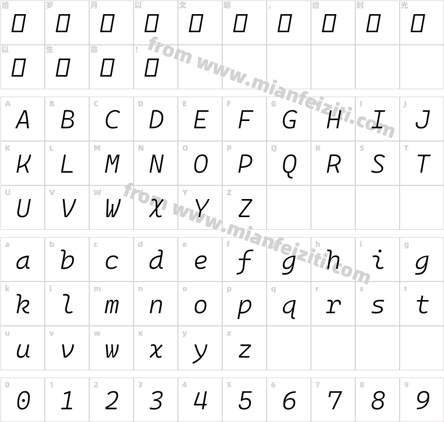Delugia  Mono  Light  Italic字体字体映射图