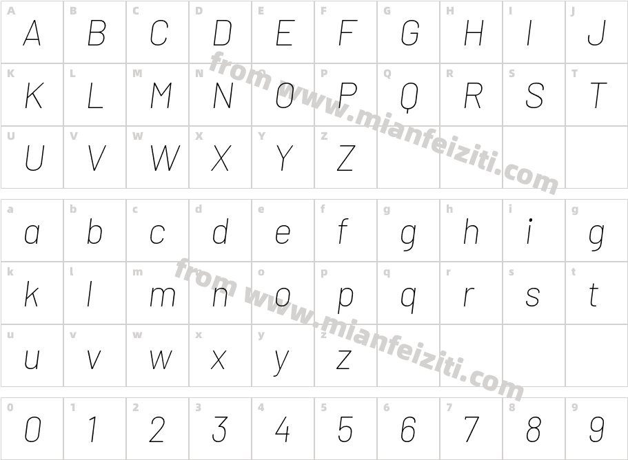 Barlow-ThinItalic字体字体映射图